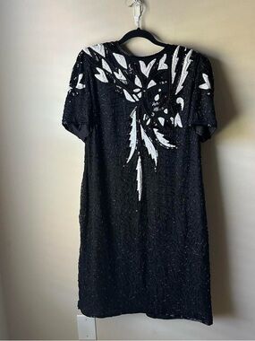 Vintage 90s Stenay 100% Silk Black White Sequins Glam Evening Dress Timeless